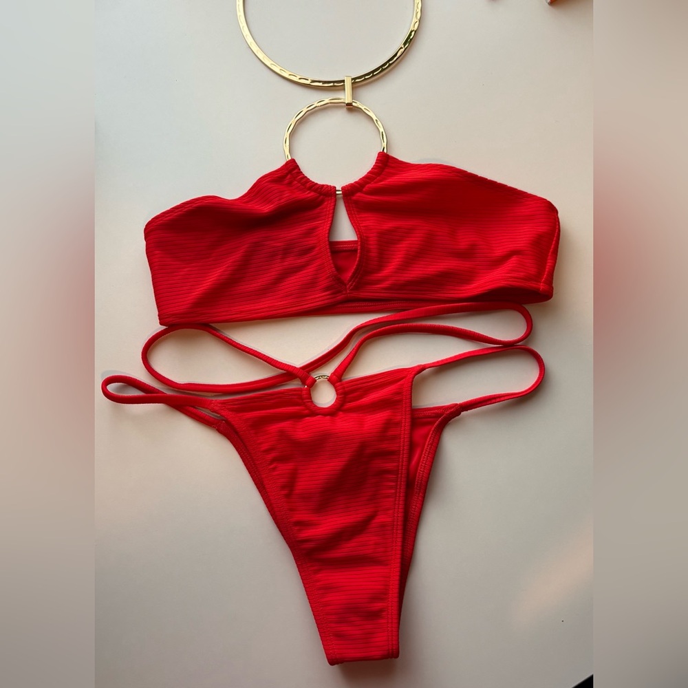 New Beach Bunny Simone Bikini Set S Red Collar Top Luxe Swim Statement Glam - Picture 4 of 10